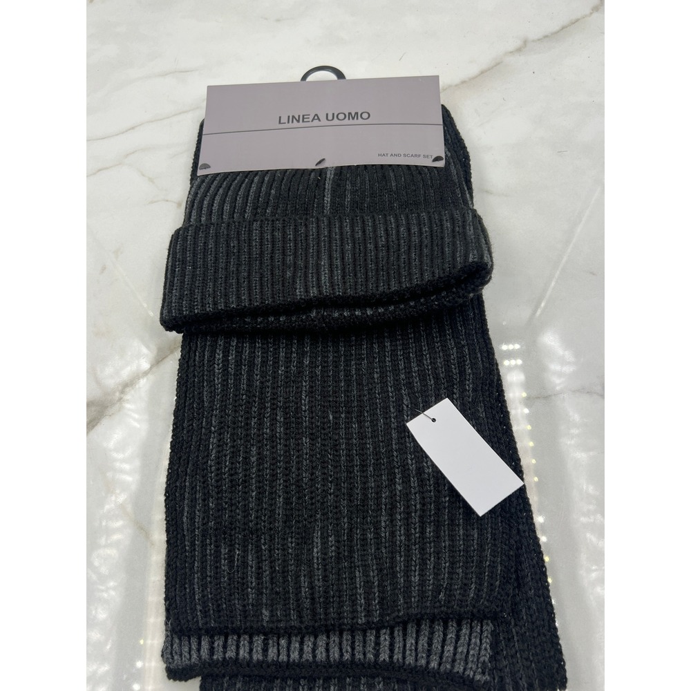 Linea Uomo Hat & Scarf Set Men's One Size Gray Black Ribbed Knit Beanie NWT